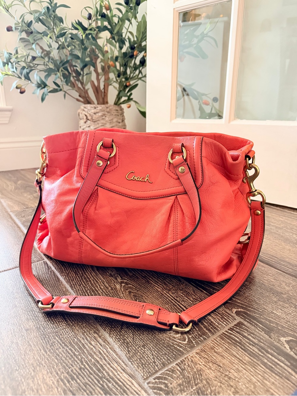 Coach Ashley Coral Leather Shoulder Bag with Detachable Strap